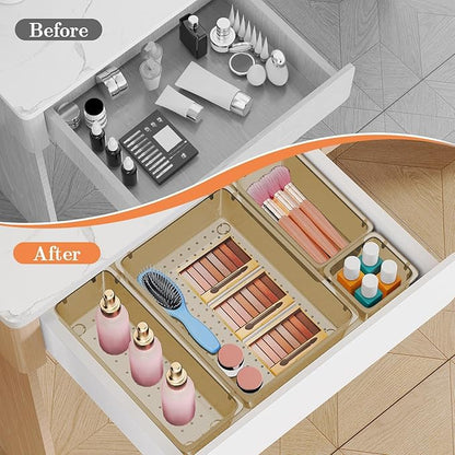SpaceHacks 25 PCS Plastic Drawer Organizer Set, 4-Size Versatile Organizer Trays & storage Bins for Makeup, Jewelry, and Gadgets in Bathroom, Bedroom and Office,Champagne