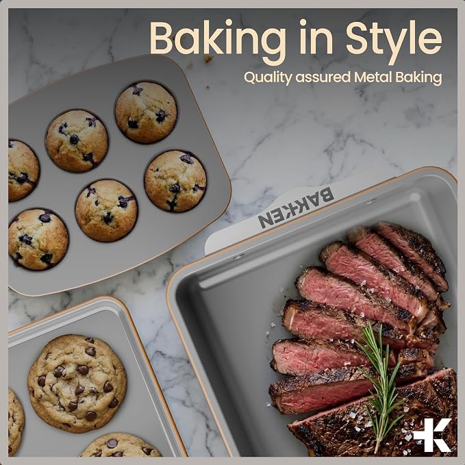 Bakken 8-Piece Stackable Bakeware Set – Ceramic Non-Stick, Oven-Safe Baking Sheets & Pans, PTFE/PFOA/PFOS-Free, Ergonomic Handles, Includes Cooling Rack – Healthy, Non-Toxic Baking Essentials