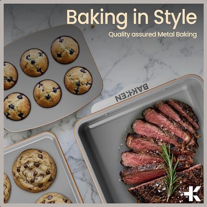 Bakken 8-Piece Stackable Bakeware Set – Ceramic Non-Stick, Oven-Safe Baking Sheets & Pans, PTFE/PFOA/PFOS-Free, Ergonomic Handles, Includes Cooling Rack – Healthy, Non-Toxic Baking Essentials