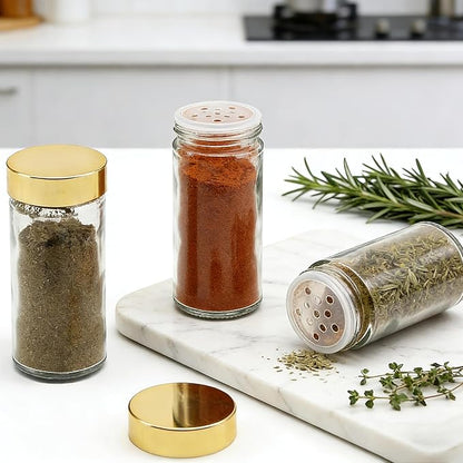2 PCS 3 oz Clear Glass Spice Jars/Bottles,GOLD Plastic Lids Empty Round Spice Containers with Airtight Caps with Shaker Lids