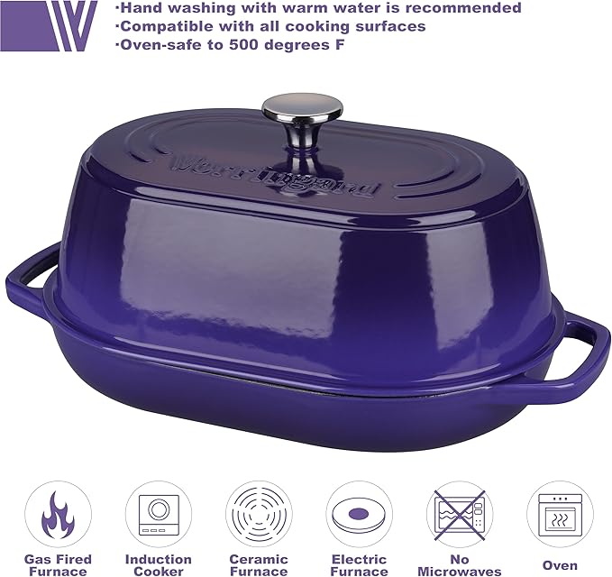 VORRINGARD Enameled Cast Iron Dutch Oven Pot with Dome Lid, Oval Bread Oven for Homemade Sourdough Bread Baking, Oven Safe up to 500°F, 6 Quart, Purple