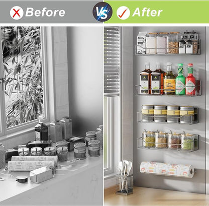 Magnetic Spice Rack for Refrigerator, 6 Pack Strong Magnet Spice Organizer with Paper Towel Holder, Utensil Holder, Moveable Magnetic Fridge Shelf for Kitchen Organization and Storage (Grey)