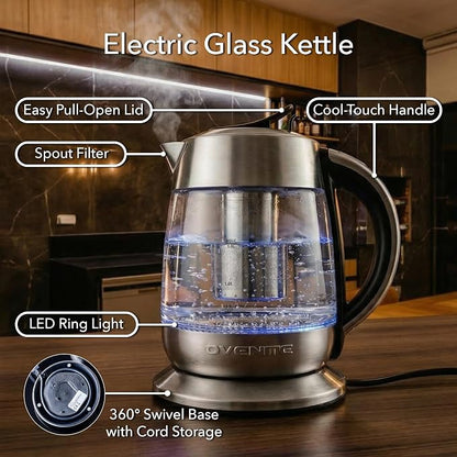 OVENTE Electric Tea Kettle with Temperature Control and Removable Tea Infuser, 1500W Water Boiler and Heater with 1.8L Borosilicate Glass, BPA Free, Auto Shut Off & Boil Dry Protection, Silver KG6610S