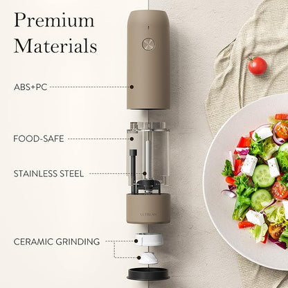 Ultrean Pepper Grinder, Rechargeable Salt and Pepper Grinder Set with 6 Adjustable Coarseness, LED Light, Electric Pepper Mill, Essentials for New Home Housewarming, Brown