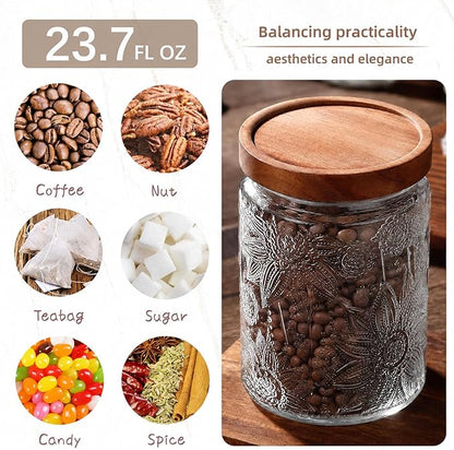 Custde 23.7 fl oz Vintage Glass Jar with Wooden Lid, Airtight Decorative Food Storage Canisters for Kitchen Counter & Pantry, Ideal for Candy, Sugar, Coffee,salt, Tea, Cereal, Flour, Oats