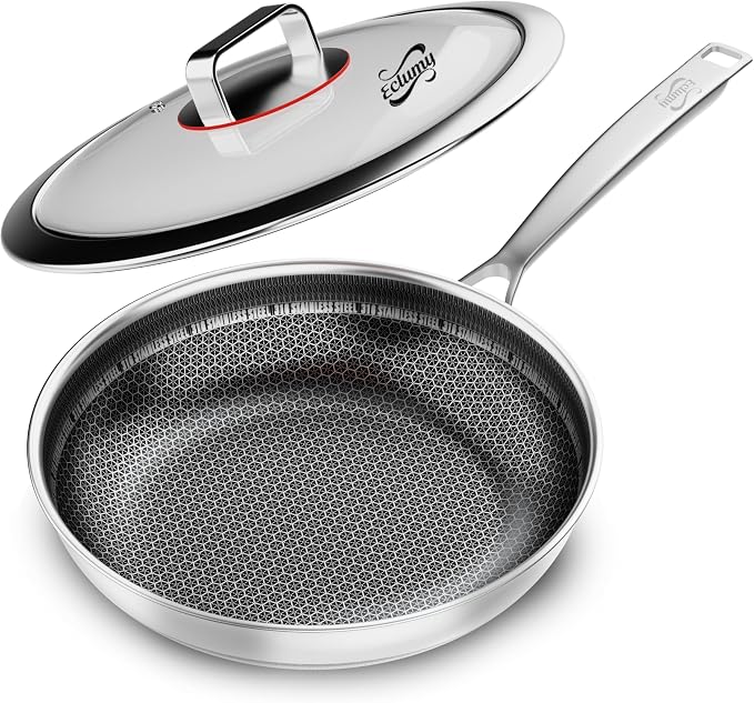 Non Stick Frying Pans, Stainless Steel Pans Tri-Ply Frying Pan with Lid, Non-Toxic PFAS PFOA PTFE Free, Metal Utensil Dishwasher & Oven Safe Induction Compatible (9-inch)
