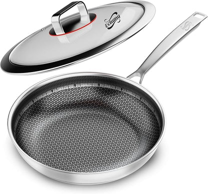 Non Stick Frying Pans, Stainless Steel Pans Tri-Ply Frying Pan with Lid, Non-Toxic PFAS PFOA PTFE Free, Metal Utensil Dishwasher & Oven Safe Induction Compatible (9-inch)