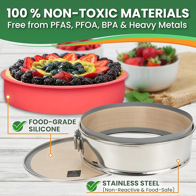 9 Inch Springform Pan for Cheesecake, with LEAKPROOF Silicone Sleeve & 2 REUSABLE Liners for WATER BATH Baking - No Foil Wrap & Parchment Needed, NON-TOXIC Stainless Steel Cheese Cake Pans for Baking