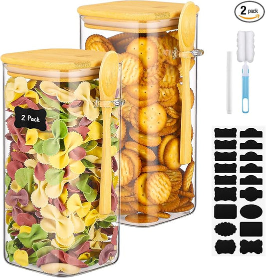 Glass Jars with Bamboo Lids and Spoons - 2 Pack 53 Fl.oz Square Pasta Storage Containers Set, Includes Labels, Marker and Brush, Large Glass Canisters for Kitchen Pantry, Cereal, Rice, Flour