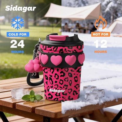 SDGA+ 12 oz Travel Coffee Mug Spill Proof Leak Proof, Stainless Steel Thermal Coffee Cup with Lid, Resuable Cup for Hot and Cold, Portable Tumbler for Women, Pink Leopard