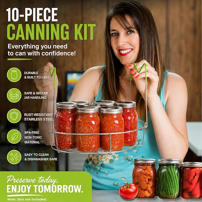 Supa Ant Complete Canning Starter Kit – 10pc Food-Grade Steel Set with XL Ladle, 6 Measuring Cups, Jar Lifter, Wide Mouth Funnel, Canning Rack (7-Jar Capacity) & 90 Labels –Beginner-Friendly, Green