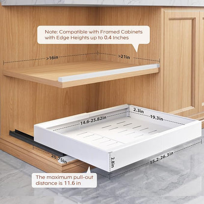Seinloes 2 Pack Pull Out Cabinet Organizers 21" Deep With Raising Pad for Framed Cabinets, Expandable Width (15.2"-26.3") Slide Out Drawers Upgrade 3 Slide Rails, Roll Out Shelves Adhesive, White