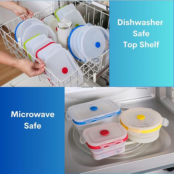 ECOBERI Collapsible Food Storage Containers, Silicone 4 Piece 27 oz Set, BPA-Free Meal Prep Containers with Airtight Lids, Space-Saving, Freezer and Dishwasher Safe
