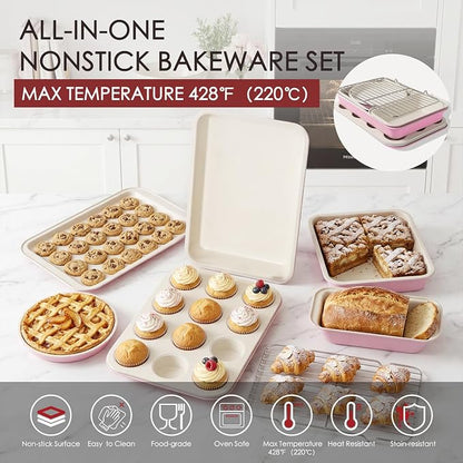 Kikcoin Pots and Pans Set Non Stick 31 Piece Kitchen Nonstick Cooking Cookware Sets with Grill Pan Saucepan Baking Sheet Utensil, Pink