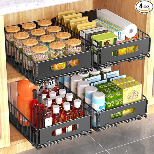 4 Pack Pull Out Cabinet Organizer, Heavy Duty Slide Out Drawer with No Drill Adhesive or Screw Mount, Carbon Steel Roll Out Shelf for Kitchen Cabinet, Pantry & Bathroom Storage