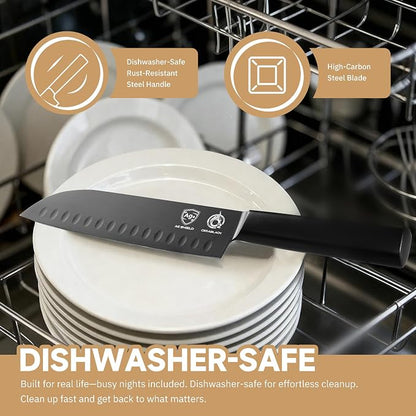 OOU® Black Blade 7 Inch Santoku Knife with AgShield™ & Cerablack™ Technology, Rust-Resistant & Easy-Clean Finish, Japanese Style Hollow Edge for Dicing & Mincing