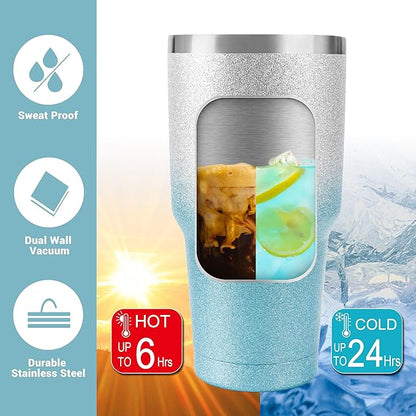 D·S 30 oz Tumbler Blue Glitter Gradient Cup Stainless Steel Double Wall Vacuum Insulated Mug with Straw and Lid, Cleaning Brush for Cold and Hot Beverages