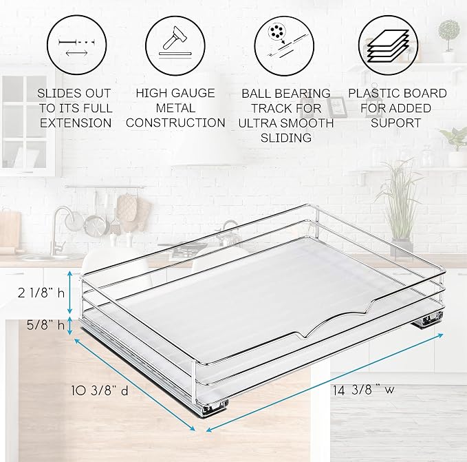 Pull-Out Cabinet Spice Rack Organizer - Slim Slide-Out Storage for Spices, Bottles & Jars, Premium Heavy-Duty Steel, Easy Install for Narrow Kitchen Cabinets - 14 ⅜ W x 10 ⅜ D x 2 ¾ H, Chrome