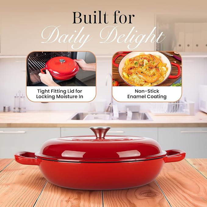 Shallow Cast Iron Casserole with Lid – Non Stick Dutch Oven Pot, Oven Safe up to 500° F – Sturdy Ovenproof Stockpot Cookware – Enamelled Cooking Pot – Red, 5-Quart, 32cm – by Nuovva