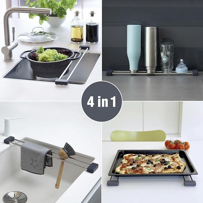 Sanni Shoo drip.line Pure Anthracite - Versatile and Adjustable Kitchen Rack Drip Tray for Dishcloths, Brushes, and Bottles - Hygienic Storage - Made of Stainless Steel and Silicone