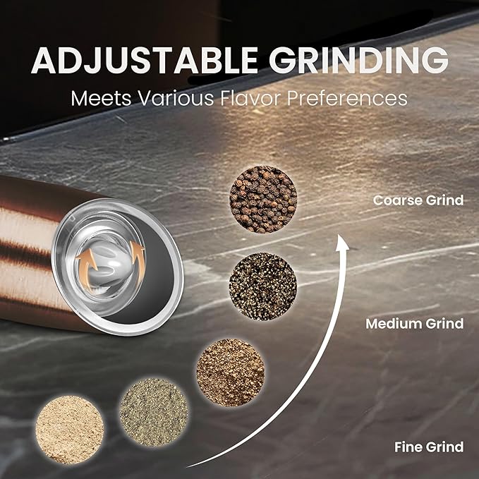 Rechargeable Salt And Pepper Grinder Set with LED Light, Automatic Electric Gravity Salt And Pepper Shakers Set, No Battery Needed, Adjustable Roughness, 2 Pack (Copper)