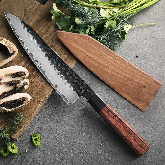 HEZHEN- 8.5 inch Chef Knife,3 Layers High Carbon Composite Forging Steel,Razor Sharp Kitchen Knife, Redwood Octagonal Handle With Wooden Knife Sheath with Premium Gift Box