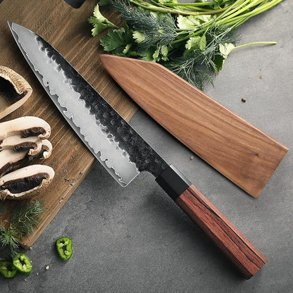 HEZHEN- 8.5 inch Chef Knife,3 Layers High Carbon Composite Forging Steel,Razor Sharp Kitchen Knife, Redwood Octagonal Handle With Wooden Knife Sheath with Premium Gift Box
