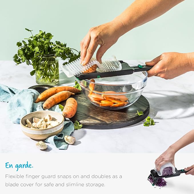 Dreamfarm Nocutu Handheld Safety Mandoline Slicer, Food Vegetable Cutter with Non-Slip Bowl Hook & Foot - Adjustable 1-3mm Slicer, Black/Green