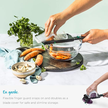 Dreamfarm Nocutu Handheld Safety Mandoline Slicer, Food Vegetable Cutter with Non-Slip Bowl Hook & Foot - Adjustable 1-3mm Slicer, Black/Green