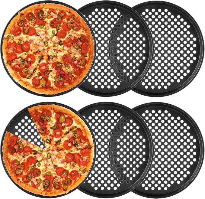 YOUNTHYE 6PCS Pizza Pan with Holes 12 inch Round Pizza Pan Set Nonstick Pizza Baking Pan Carbon Steel Pizza Tray Black Pizza Crisper Pan for Home Baking Kitchen