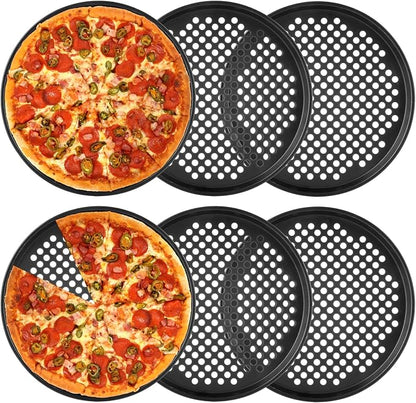 YOUNTHYE 6PCS Pizza Pan with Holes 12 inch Round Pizza Pan Set Nonstick Pizza Baking Pan Carbon Steel Pizza Tray Black Pizza Crisper Pan for Home Baking Kitchen
