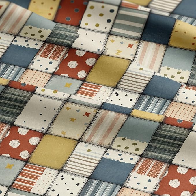 Soft Neutral Patchwork Cotton Fabric Panel 61 x 36.6 Inches, Minimal Geometric Quilt Pattern, Beige Blue Mustard Tones, 100% Cotton 140 GSM