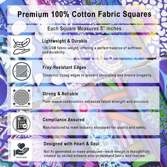 Soimoi 40 Pcs Cotton Fabric Squares Bundles Charm Packs for Quilting, Fat Quarter Layer Cakes, Precuts Quilt Squares 5 x 5 inches, DIY Fabric Bundle - Blue Harmony