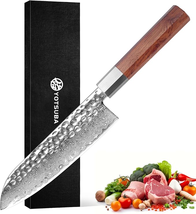 YOTSUBA 7" Damascus Japanese Santoku Chef Knife – Forged High Carbon Stainless Steel (60±2 HRC) – Ultra Sharp & Long-Lasting – Pro Chef Knife with Ergonomic Natural Hardwood Handle – Gift for Kitchen