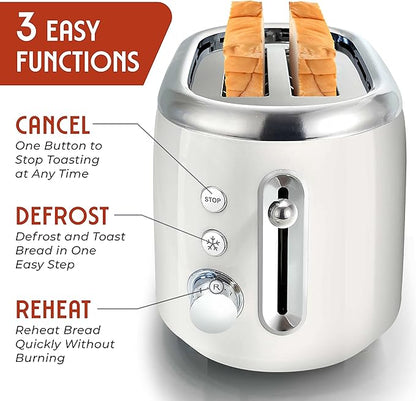 MUELLER HOME Retro Toaster 2 Slice, 7 Browning Levels, 3 Functions (Reheat, Defrost, Cancel), Stainless Steel Features, Removable Crumb Tray, Under Base Cord Storage, White Toaster Kitchen Appliances