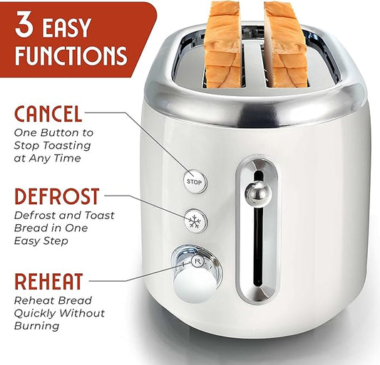 MUELLER HOME Retro Toaster 2 Slice, 7 Browning Levels, 3 Functions (Reheat, Defrost, Cancel), Stainless Steel Features, Removable Crumb Tray, Under Base Cord Storage, White Toaster Kitchen Appliances