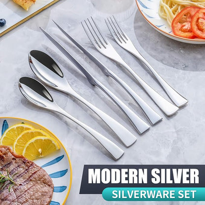 24 Pieces Silverware Set with Steak Knives Service for 4,Modern 18/10 Stainless Steel Flatware Cutlery Set,Utensil Set for Home Restaurant Hotel,Mirror Polished,Dishwasher Safe
