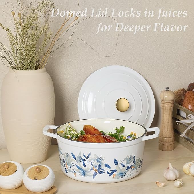 CAROTE 7 QT Enameled Floral Cast Iron Dutch Oven Pot with Lid, Cotton Potholders & Oven Gloves, Cast Iron Pot for Sourdough Bread Baking, All Stovetop Compatible, Oven Safe up to 500° F, White & Blue
