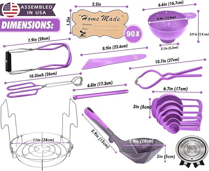 Supa Ant Canning Supplies Starter Kit- Canner Accessories with Canning Rack for Jars, XL Ladle,Wide Mouth Jar Funnel,Jar Lifter and Wrench,Bubble Popper/Measurer,Lid Lifter,Kitchen Tongs (Lavender)