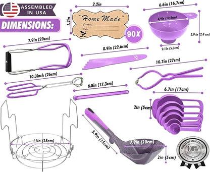 Supa Ant Canning Supplies Starter Kit- Canner Accessories with Canning Rack for Jars, XL Ladle,Wide Mouth Jar Funnel,Jar Lifter and Wrench,Bubble Popper/Measurer,Lid Lifter,Kitchen Tongs (Lavender)