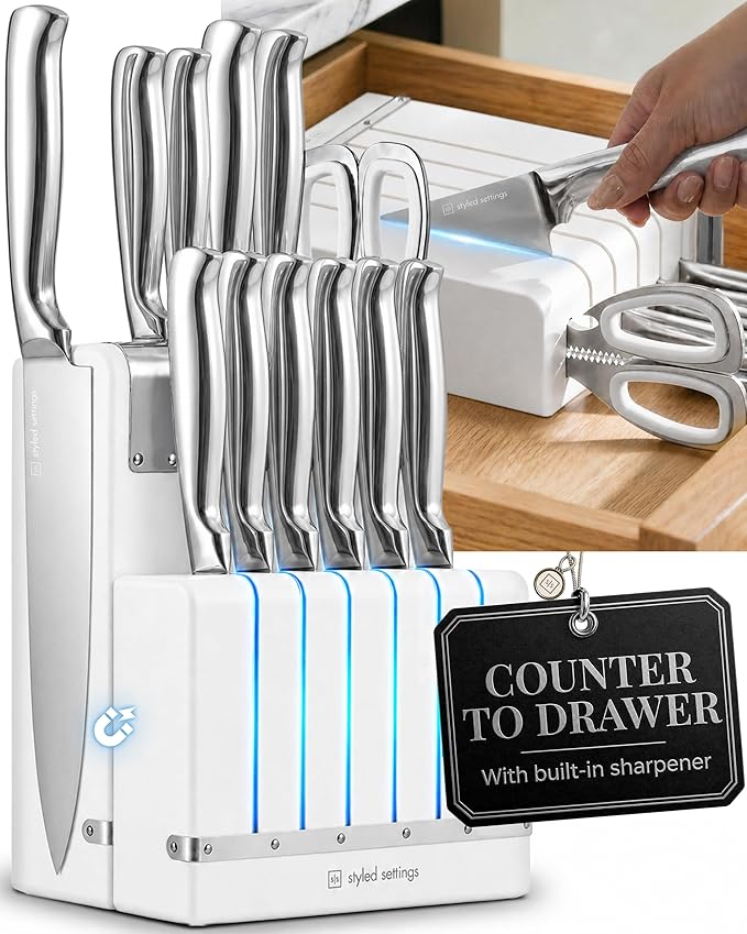 Magnetic Knife Set with Sharpener - Space Saving Convertible In Drawer Knife Block with Stainless Steel Kitchen Knives - Knife Drawer Organizer, German Steel Knife Set