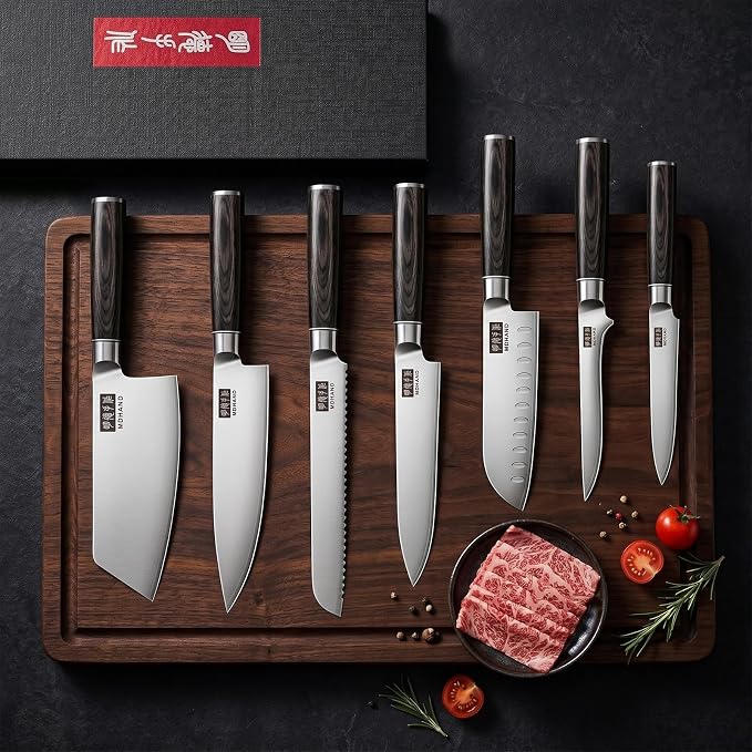 MDHAND Kitchen Knife Set, 7 Pieces Ultra Sharp Japanese Knife Set, High Carbon Stainless Steel Professional Chef Knives Set with Black Pakkawood Handle for Home Cooking, Dishwasher Safe