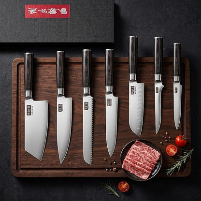 MDHAND Kitchen Knife Set, 7 Pieces Ultra Sharp Japanese Knife Set, High Carbon Stainless Steel Professional Chef Knives Set with Black Pakkawood Handle for Home Cooking, Dishwasher Safe