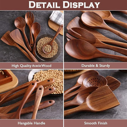 Kitchen 6Pcs Acacia Wooden Spoons for Cooking, Wooden Utensils Set | Durable, Non Toxic, Non-Stick, Smooth Finish, Easy to Clean, Comfort Grip, House Warming Gift