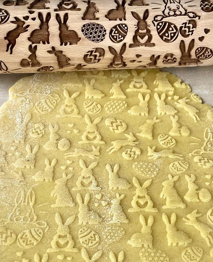 EASTER 3 Mini Embossed Rolling Pin Set. Wooden Laser Cut Embossing Rolling Pins for Embossed Cookies. Easter, Rabbit, Egg, Chicken, Spring, Flowers from Algis Crafts