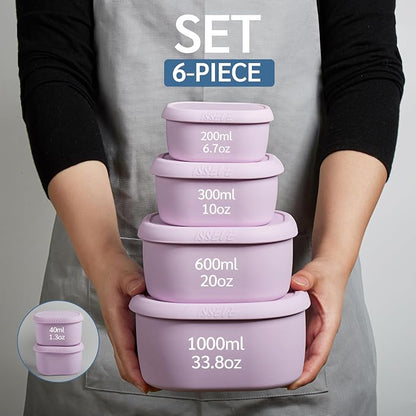 ISSEVE 6Pcs/Set Nesting Silicone Food Storage Containers with Lids, BPA Free Reusable Meal Prep Silicone Containers Lunch Box Bento Box Set (33.8oz, 20oz, 10oz, 6.7oz, 1.3oz) (Purple)