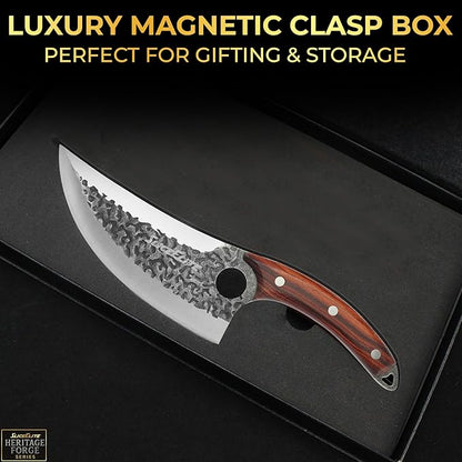 SliceElite Heritage Forge Series Father’s Day Gift for Dad Viking Knife Meat Cutting Kitchen Knife Boning Slicing BBQ Knife Kitchen Knife Full Tang Sandalwood Handle Hammered Pattern Forged Steel