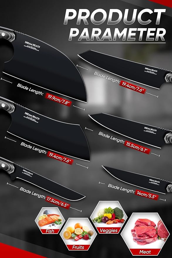 Dream Reach Chef Knife Set - 6PCS Hand Forged Black Butcher Knife Set for Meat Cutting, Serbian Cleavers with A Roll Bag for Kitchen Camping BBQ Outdoor, Birthday Mother Father Gift Idea