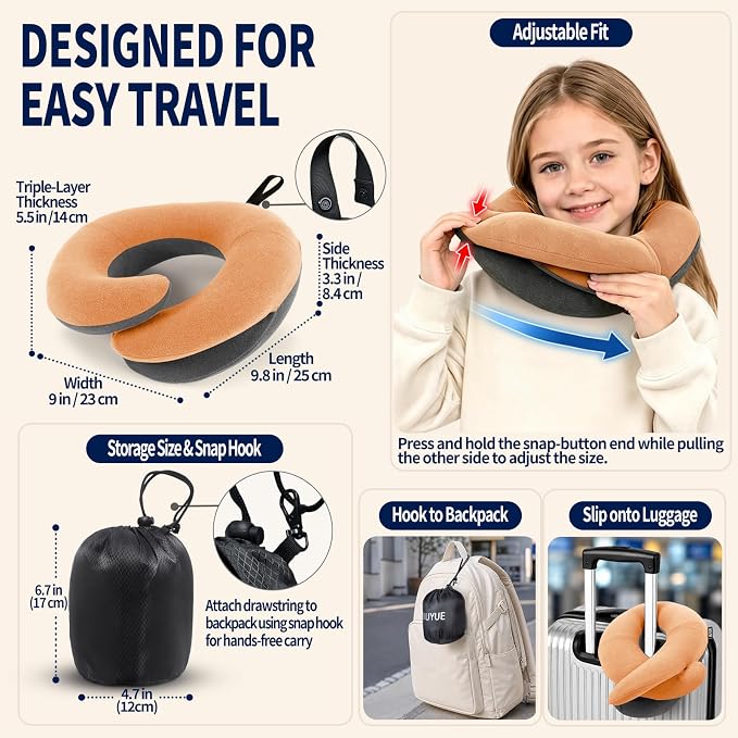 BUYUE Kids Travel Pillows for Airplane, Memory Foam 360° Head Support Sleeping Essentials for Long Flight, Skin-Friendly Soft Neck Pillow for Traveling in Car Seat, (Small, Orange Grey, 40-90 lbs)