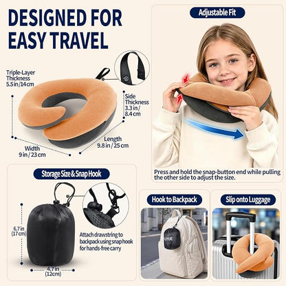BUYUE Kids Travel Pillows for Airplane, Memory Foam 360° Head Support Sleeping Essentials for Long Flight, Skin-Friendly Soft Neck Pillow for Traveling in Car Seat, (Small, Orange Grey, 40-90 lbs)